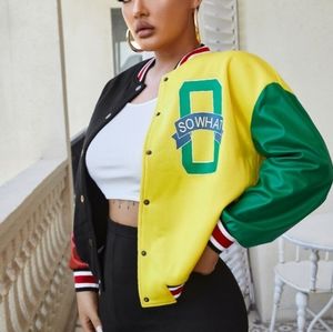 SHEIN SXY Letter Graphic Drop Shoulder Colorblock PU Leather Varsity Jacket XS